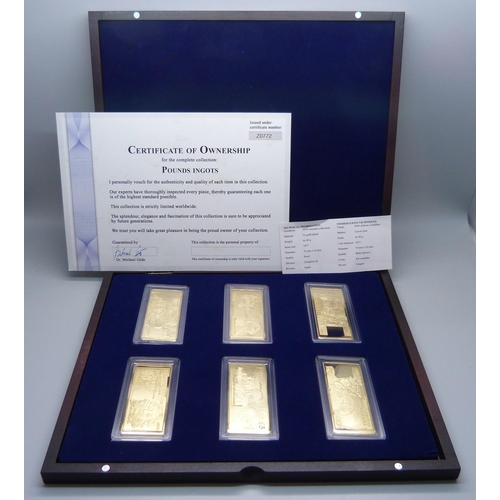 836 - A set of six Pounds Ingots, gold plated copper