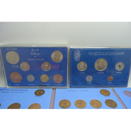 838 - Coins; three Danish sets, 1975, 1980 and 2002, two GB sets and a half pennies collection, 1902-1936,... 