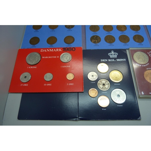 838 - Coins; three Danish sets, 1975, 1980 and 2002, two GB sets and a half pennies collection, 1902-1936,... 