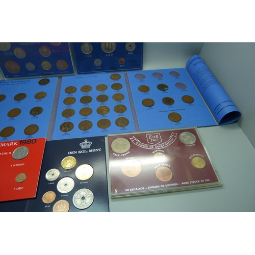 838 - Coins; three Danish sets, 1975, 1980 and 2002, two GB sets and a half pennies collection, 1902-1936,... 