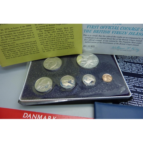 839 - Coins; 1973 First Official Coinage of The British Virgin Islands proof set, a GB First Decimal Coins... 