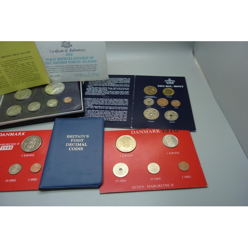 839 - Coins; 1973 First Official Coinage of The British Virgin Islands proof set, a GB First Decimal Coins... 