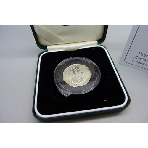 845 - The Royal Mint UK Silver Proof Fifty Pence Coin, NHS 1948-1998