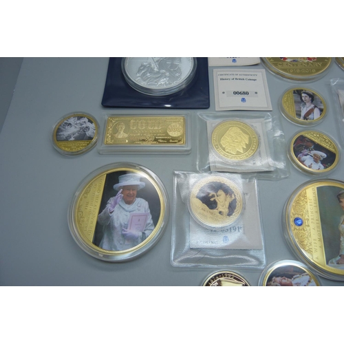 858 - A collection of gold plated and other commemorative coins/medallions