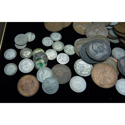 859 - A collection of assorted UK coins, including thirteen silver 3d and a roll of commemorative crowns