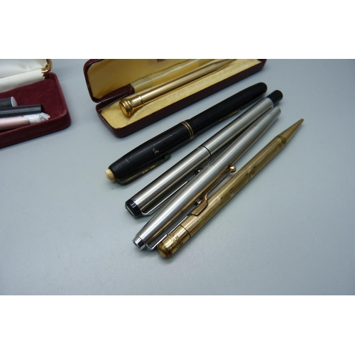 885 - A collection of pens and pencils including a gold plated Fyne-Poynt pencil and Waterman's 503 founta... 