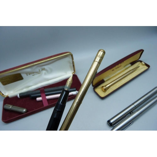 885 - A collection of pens and pencils including a gold plated Fyne-Poynt pencil and Waterman's 503 founta... 