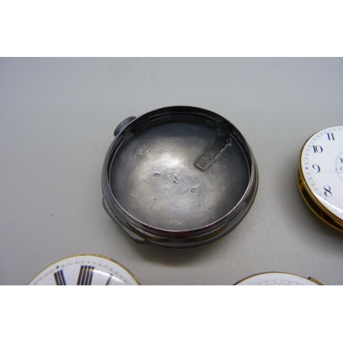 887 - Four pocket watch movements and a silver pocket watch case, (outer case), two movements with diamond... 