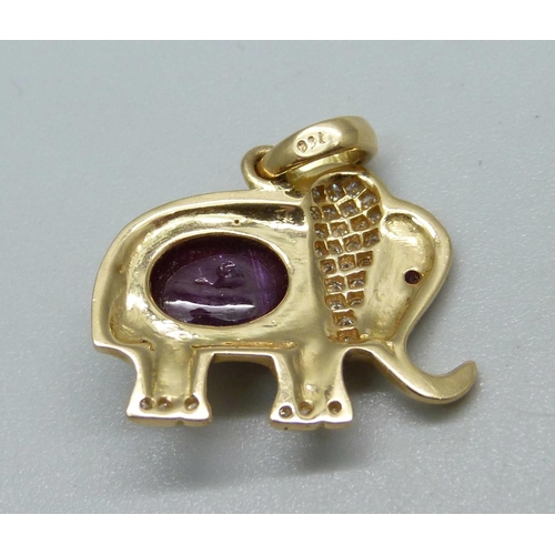 932 - An 18ct gold, ruby and diamond elephant pendant, marked 750, 3.8g