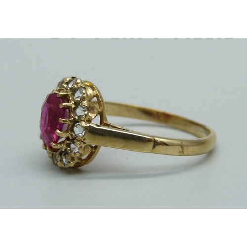 950 - A 9ct gold, ruby and zircon cluster ring, 2.3g, O/P