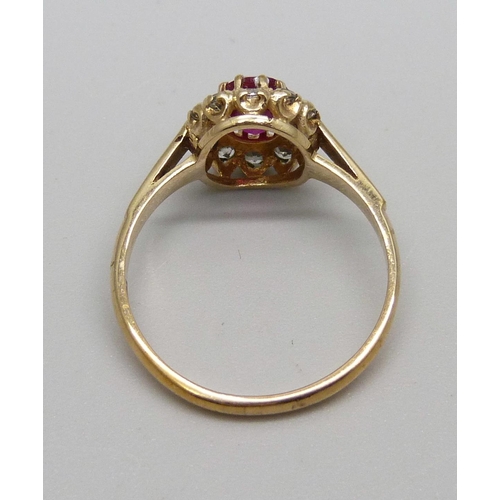 950 - A 9ct gold, ruby and zircon cluster ring, 2.3g, O/P