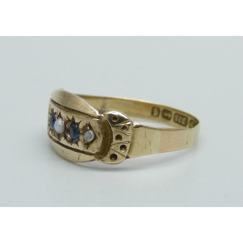 952 - A Victorian 9ct gold, sapphire and half pearl ring, Birmingham 1890, 1.8g, Q