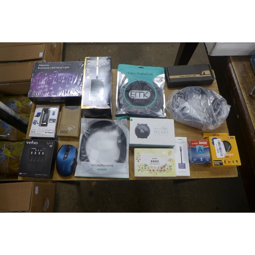 2422 - 2 boxes of misc unused items - Bluetooth LED strip light, USB battery charger, a mouse, mini camera ... 