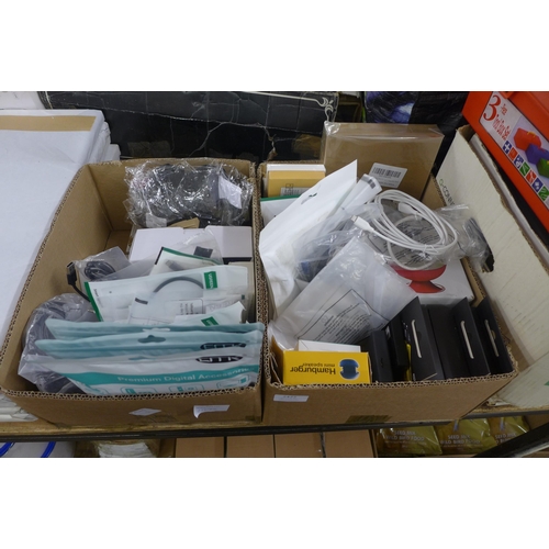 2422 - 2 boxes of misc unused items - Bluetooth LED strip light, USB battery charger, a mouse, mini camera ... 