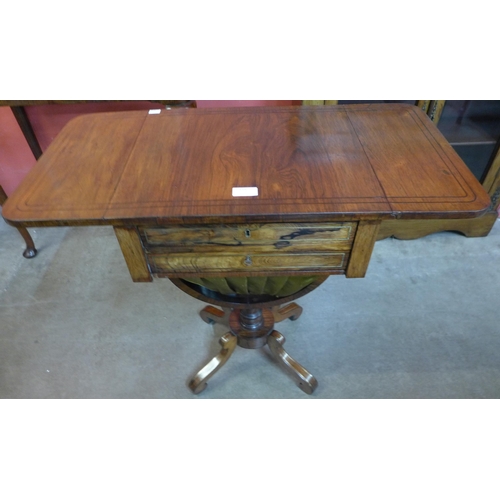 115 - A Regency rosewood and brass inlaid lady's workbox on stand