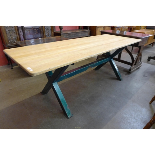 138 - A large French style ash and green metal x-frame refectory table, 76cms h, 213cms l, 81cms w