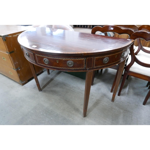 188 - A Victorian inlaid mahogany single drawer demi-lune side table