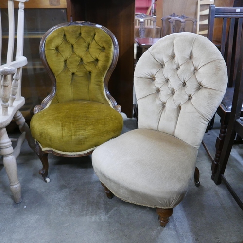 212 - Two Victorian walnut and fabric upholstered lady's chairs