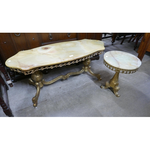 213 - Two Italian style brass and onyx topped coffee tables