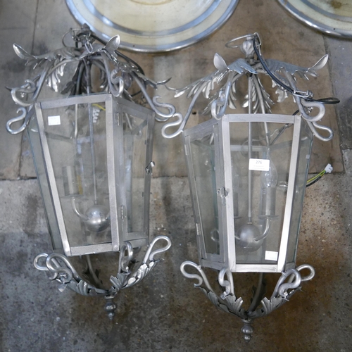 276 - A pair of French style metal hanging ceiling lanterns