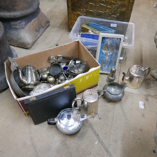 313 - Two boxes of plated ware, pewter, cutlery, etc.