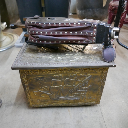 314 - A set of vintage fire bellows and a brass coal box