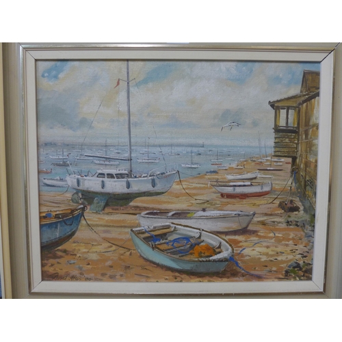 338 - David Allen, boats in a quay, oil on board, framed