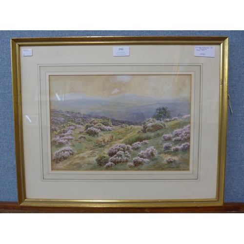 346 - William Stanley Morrish, moorland landscape with sheep, watercolour, dated 1893, framed