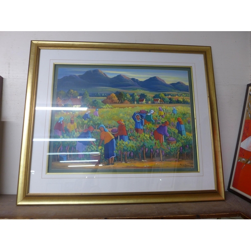 350 - Pat. V.D. Menwe, South African landscape with fruit pickers in a field, mixed media and two others