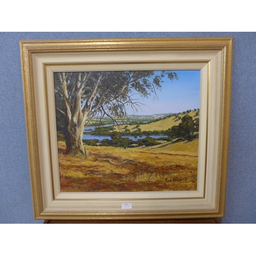 353 - Trudi Whitcher, Summers Morning, Lake Chittering, Australia, oil on board, framed