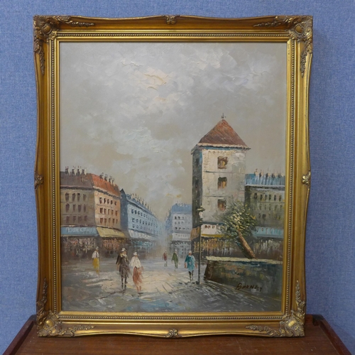 356 - * Burnett, Parisian street scene, oil on canvas, framed