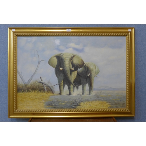 362 - Two study of two African elephants, oil on canvas, framed