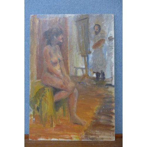 366 - Manner of Mathew Smith, portrait of an artist and female nude study, oil on board, bearing signature... 