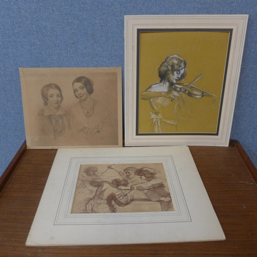 367 - Two English School pencil studies, portraits and a print, all unframed