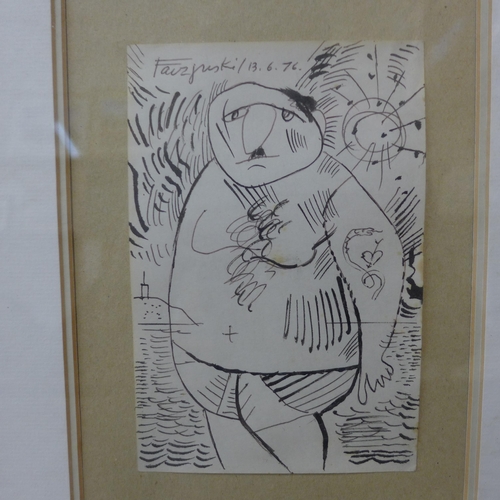 370 - Jerzy Faczynski (Ukranian School), small pen and ink study of a man, dated 1976, framed