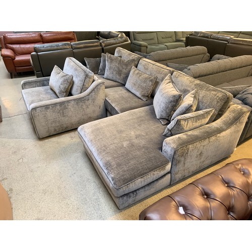 1341 - A grey velvet large L shaped/corner sofa and love seat