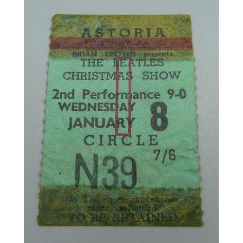 823 - A The Beatles ticket stub, Astoria Finsbury Park, Brian Epstein presents The Beatles Christmas Show,... 