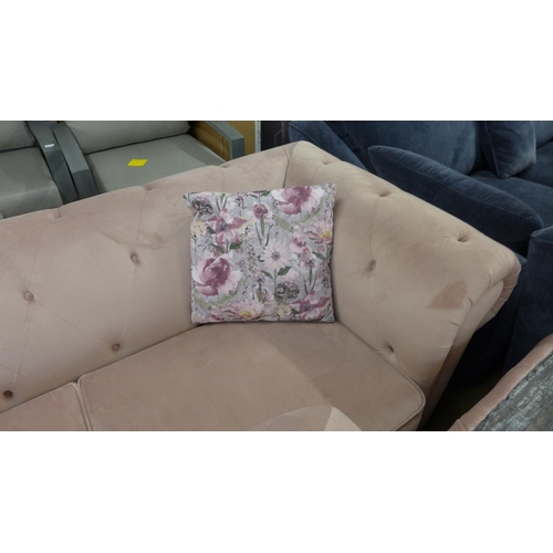 1392 - A cherry blossom velvet upholstered Chesterfield style three seater love seat and pair of footstools