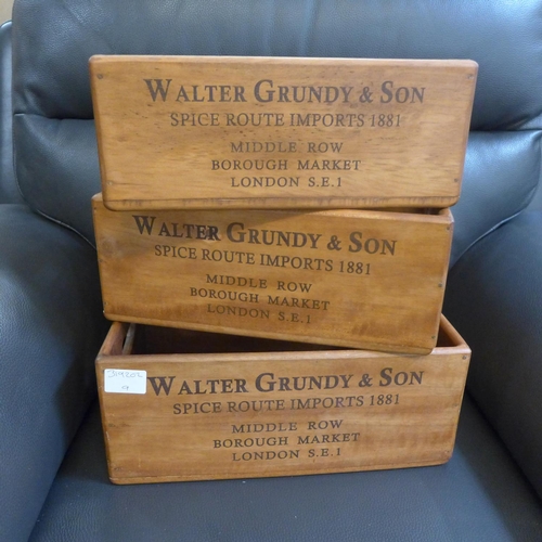 1432 - A set of three stacking 'Walter Grundy & Son' storage boxes