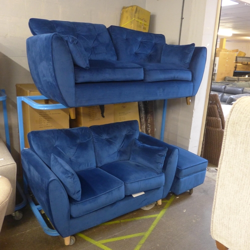 1453 - A Hoxton blue velvet three seater and a two seater with a ottoman foot stool RRP £2037