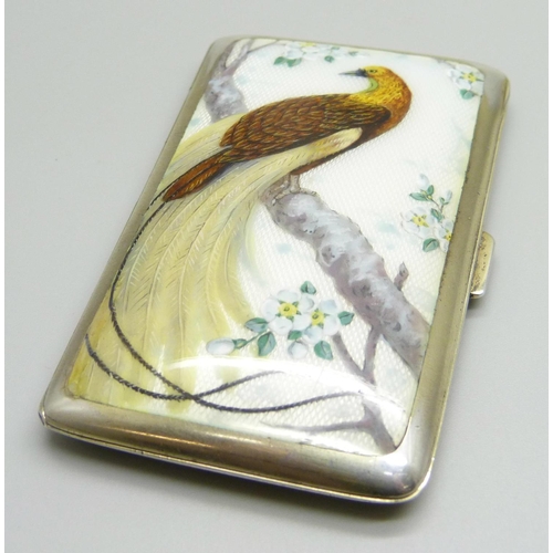 1027 - An early 20th Century German silver cigarette case with enamel front, bird of paradise with gold iri... 