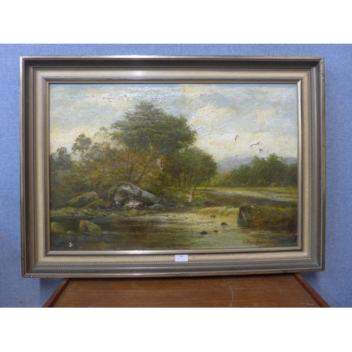 324 - William Langley (1852-1922), rural landscape with figures by a river, oil on canvas, framed