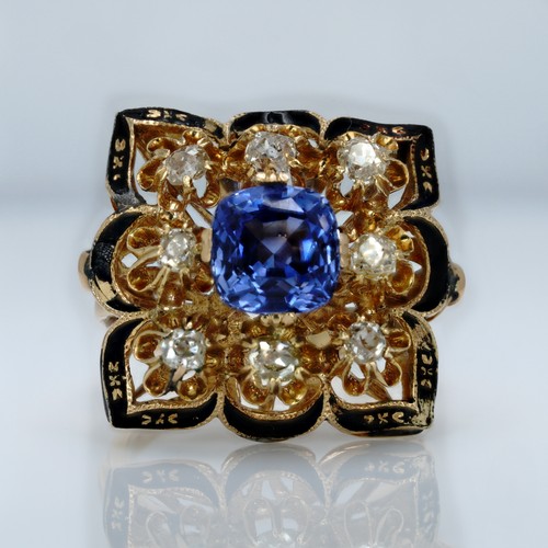 1047 - An 18ct gold, 3.30ct blue sapphire and eight old cut diamond ring, 0.80ct diamond weight, size O, we... 