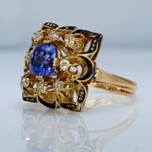 1047 - An 18ct gold, 3.30ct blue sapphire and eight old cut diamond ring, 0.80ct diamond weight, size O, we... 