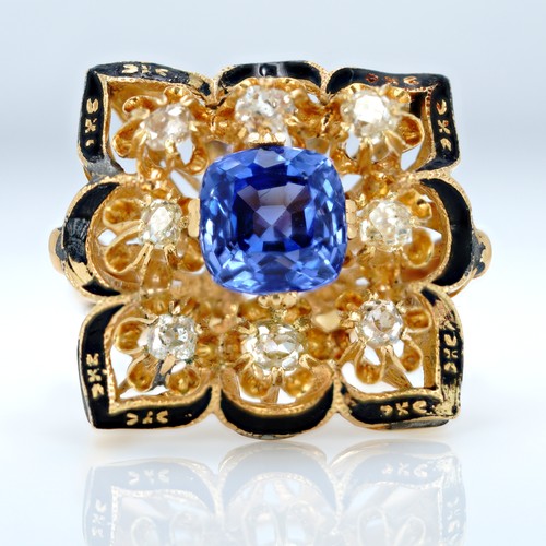 1047 - An 18ct gold, 3.30ct blue sapphire and eight old cut diamond ring, 0.80ct diamond weight, size O, we... 