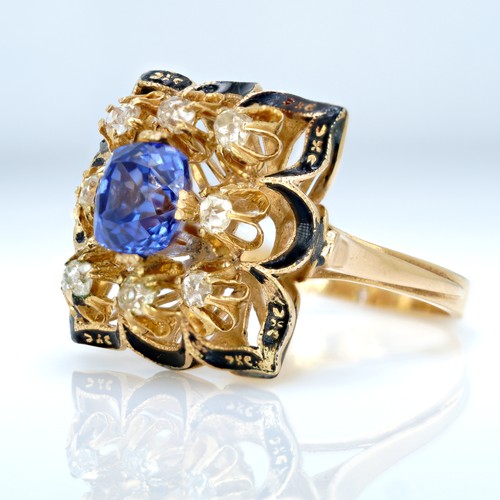 1047 - An 18ct gold, 3.30ct blue sapphire and eight old cut diamond ring, 0.80ct diamond weight, size O, we... 