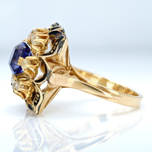 1047 - An 18ct gold, 3.30ct blue sapphire and eight old cut diamond ring, 0.80ct diamond weight, size O, we... 