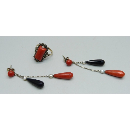 1007 - A pair of coral, onyx and pearl drop earrings and a 9ct gold and silver set Art Deco coral ring, siz... 