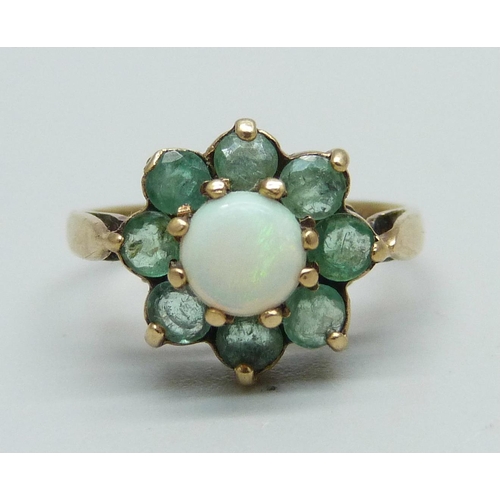 1009 - A 9ct gold, emerald and opal nine stone cluster ring, N, 2.7g, Birmingham 1978