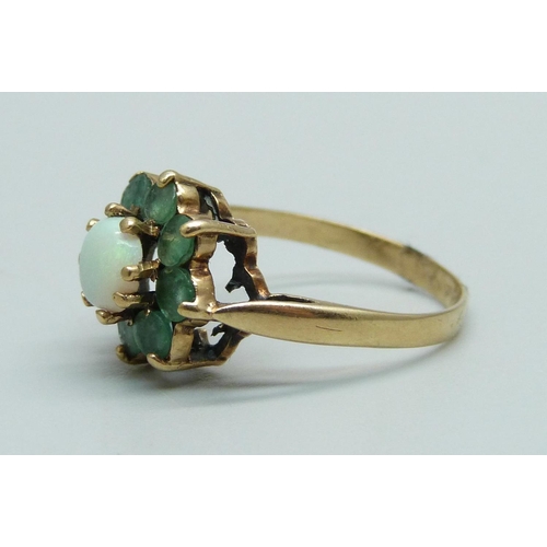 1009 - A 9ct gold, emerald and opal nine stone cluster ring, N, 2.7g, Birmingham 1978